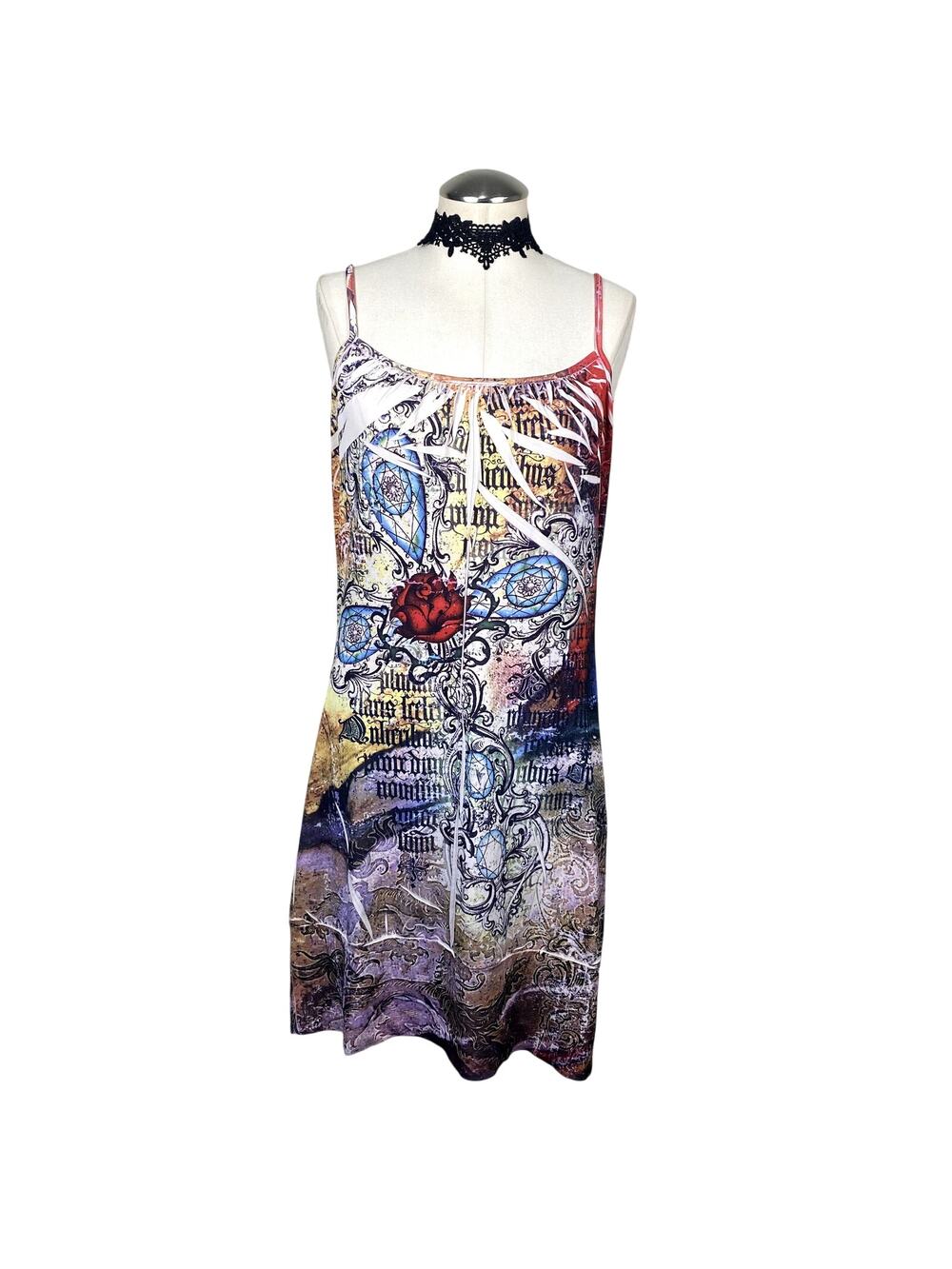 Y2K AOP Dyed Grunge Mallgoth Emo Alt Goth Style Stretch Tank Dress Sz S/M